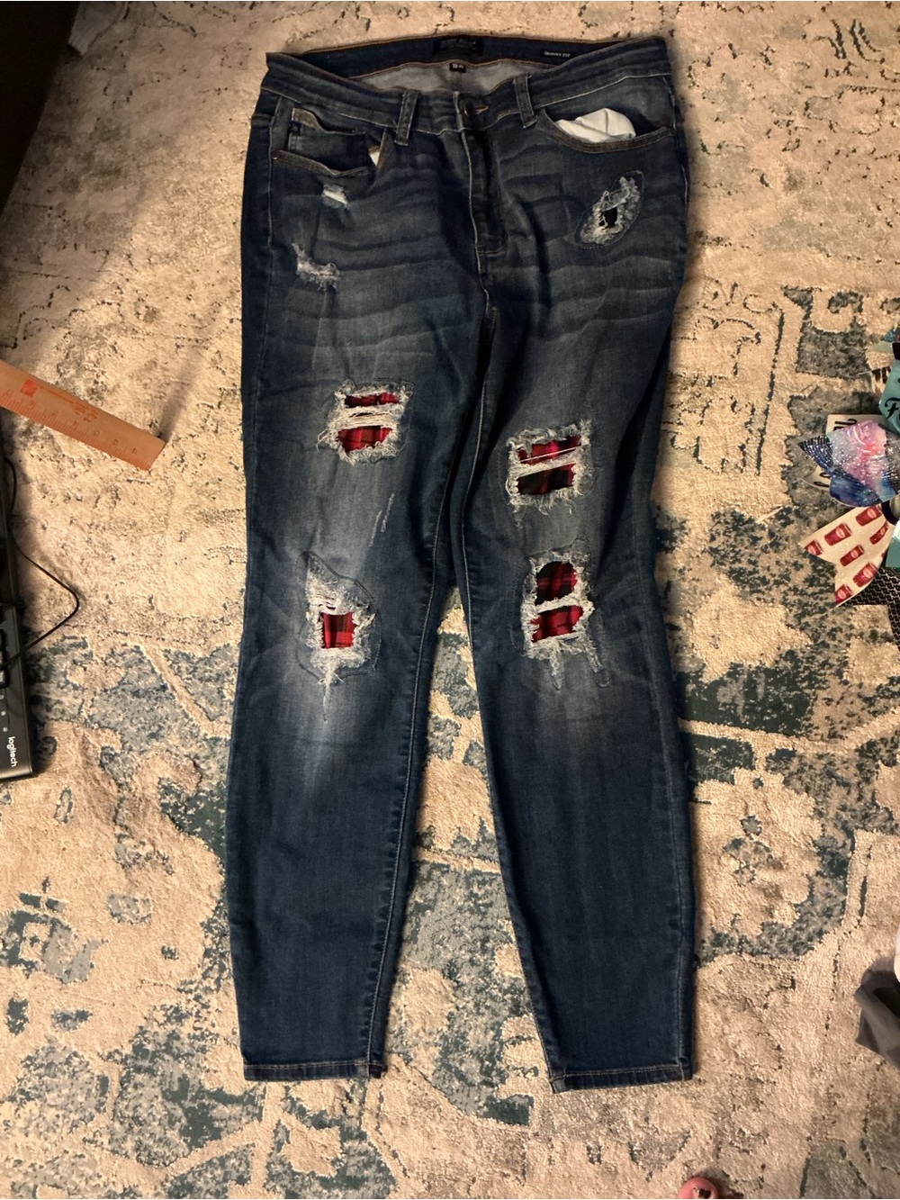 Judy Blue Dark Blue Distressed Skinny Jeans with Red Plaid Underlay